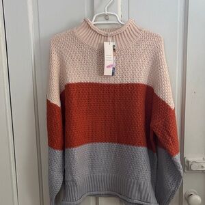 Elegant Colorblock Turtleneck Sweater - Pink, Orange, and Gray